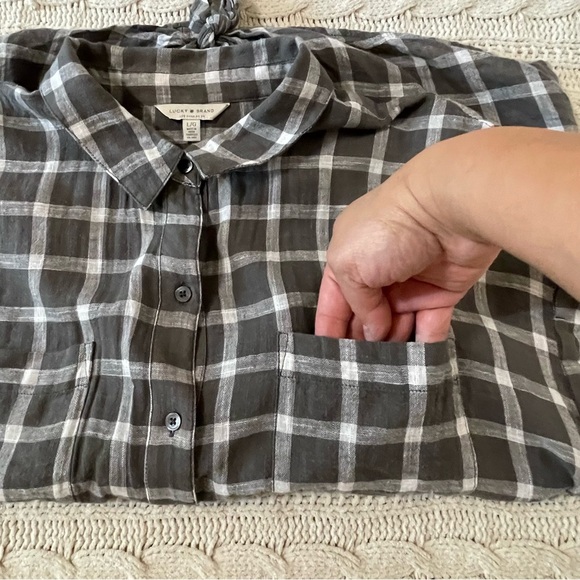 Lucky Brand Plaid Gray Button Front Short Sleeve Checkered Blouse - Picture 8 of 10